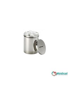 Boîte à coton avec pommeau en inox. Diamètre : 110 mm. Hauteur : 140 mm.