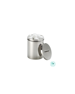 Boîte à coton avec pommeau en inox. Diamètre : 110 mm. Hauteur : 140 mm.